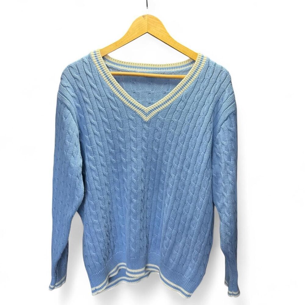 John Galt Sweater Morgan V-Neck Varsity Cable Knit Light Blue Size OS
